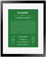 Kendry name origin print with meaning and traits in dark green with black matte frame