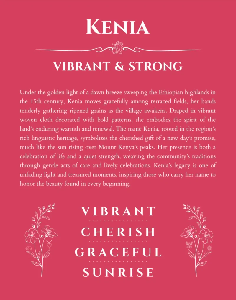 Kenia personalized name art with origin story in red