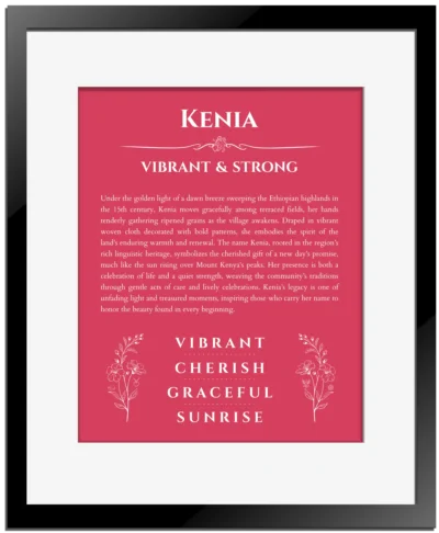 Kenia personalized name art with origin story in red with black matte frame