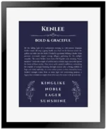 Kenlee personalized name meaning print in navy blue with black matte frame