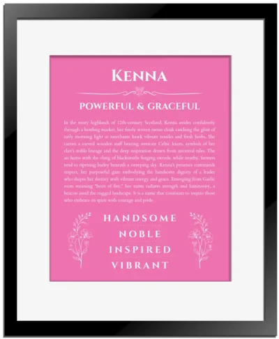 Kenna personalized name meaning print in pink with black matte frame
