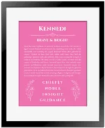Kennedi personalized name meaning print in pink with black matte frame