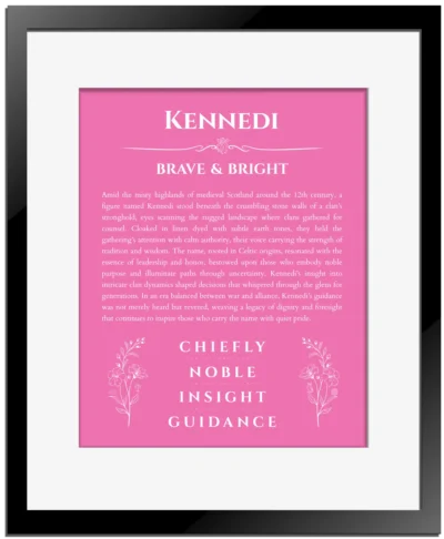 Kennedi personalized name meaning print in pink with black matte frame