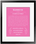 Kenneth custom name meaning print in pink with black matte frame