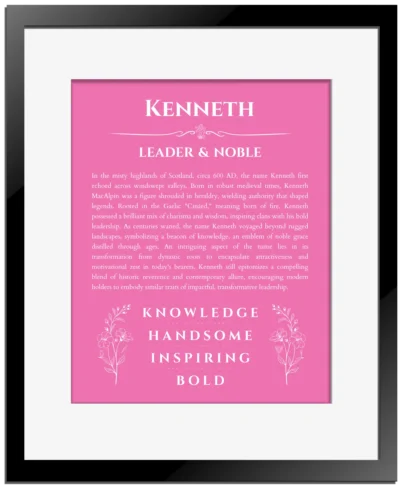Kenneth custom name meaning print in pink with black matte frame