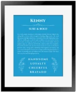 Kenny custom name meaning print in blue with black matte frame