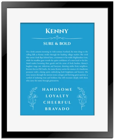 Kenny custom name meaning print in blue with black matte frame