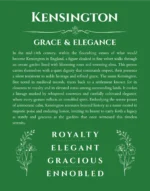 Kensington name origin print with meaning and traits in dark green