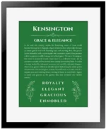 Kensington name origin print with meaning and traits in dark green with black matte frame