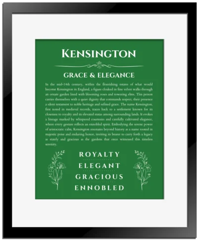 Kensington name origin print with meaning and traits in dark green with black matte frame