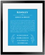 Kensley personalized wall art with the story of your name in blue with black matte frame