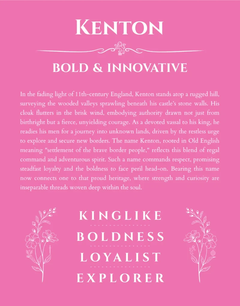 Kenton name origin print with meaning and traits in pink