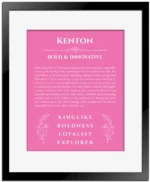 Kenton name origin print with meaning and traits in pink with black matte frame