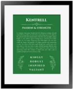 Kentrell personalized name meaning print in dark green with black matte frame