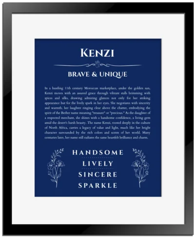 Kenzi custom name meaning print in deep blue with black matte frame