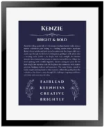 Kenzie name meaning gift print in navy blue with black matte frame