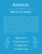 Kenzlee personalized name art with origin story in blue