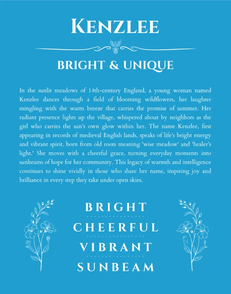 Kenzlee personalized name art with origin story in blue