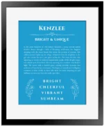 Kenzlee personalized name art with origin story in blue with black matte frame