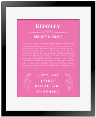 Kenzley name meaning gift print in pink with black matte frame