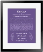 Kenzo personalized name print with origin and traits in purple with black matte frame