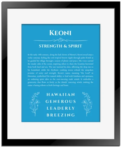 Keoni custom name print for wall display in blue with black matte frame