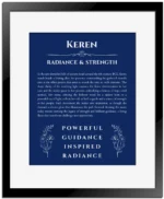 Keren name origin print with meaning and traits in deep blue with black matte frame