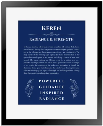 Keren name origin print with meaning and traits in deep blue with black matte frame