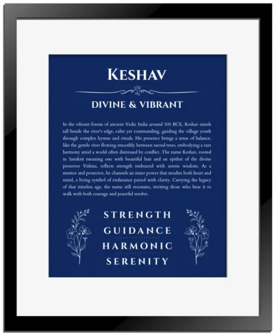 Keshav name meaning wall art by Get Your Story in deep blue with black matte frame