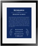 Keshawn personalized wall art with the story of your name in deep blue with black matte frame