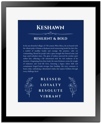 Keshawn personalized wall art with the story of your name in deep blue with black matte frame