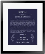Kevin custom name meaning print in navy blue with black matte frame