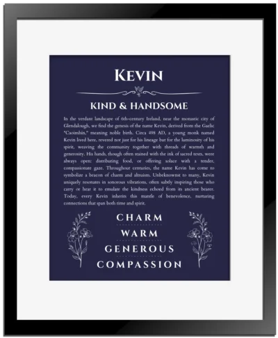 Kevin custom name meaning print in navy blue with black matte frame