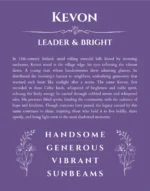 Kevon personalized name art with origin story in purple