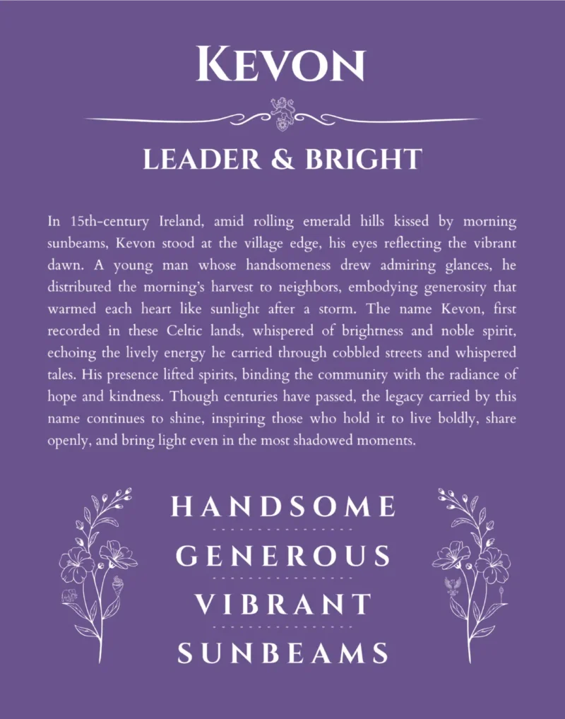 Kevon personalized name art with origin story in purple
