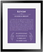 Kevon personalized name art with origin story in purple with black matte frame