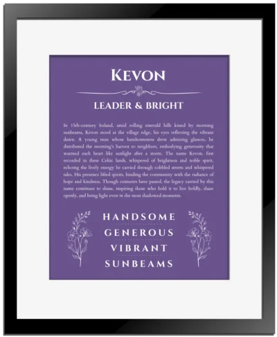 Kevon personalized name art with origin story in purple with black matte frame