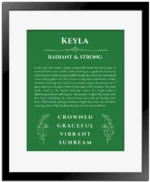 Keyla personalized wall art with the story of your name in dark green with black matte frame