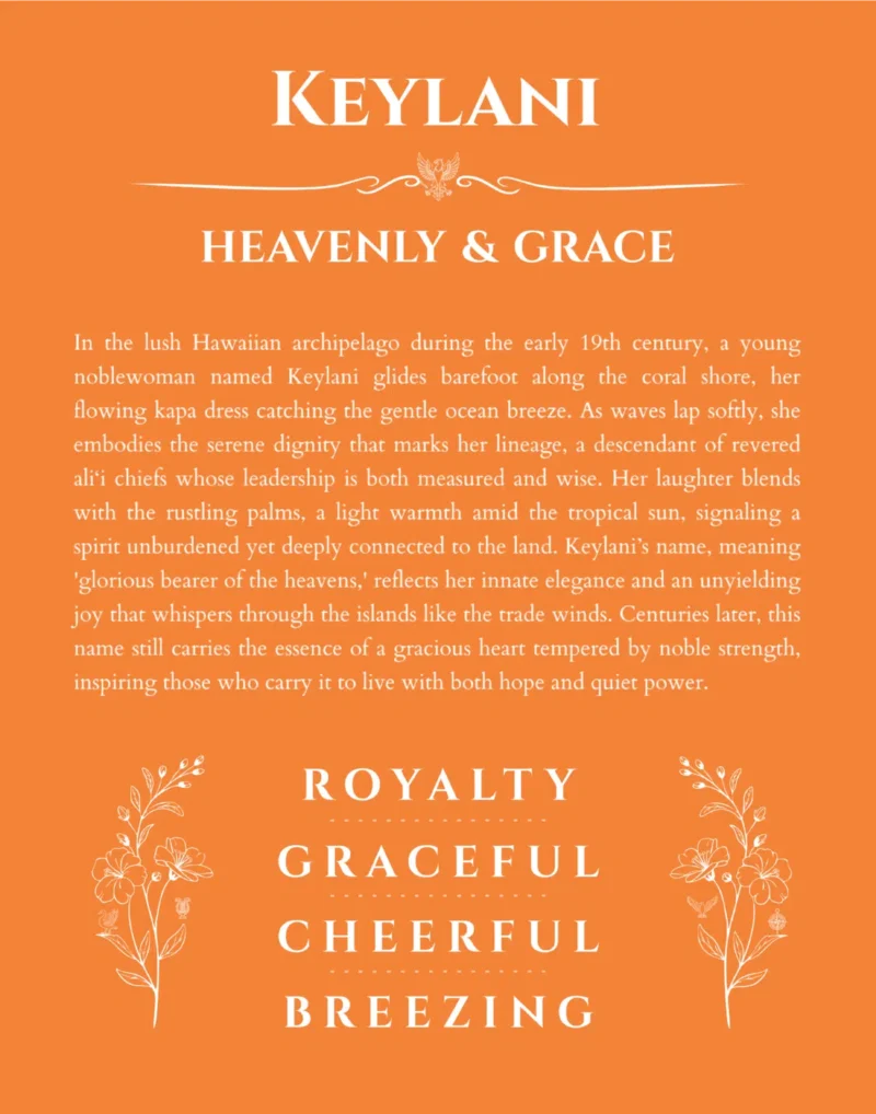 Keylani name origin print with meaning and traits in orange