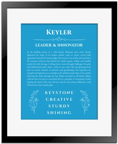 Keyler name meaning gift print in blue with black matte frame