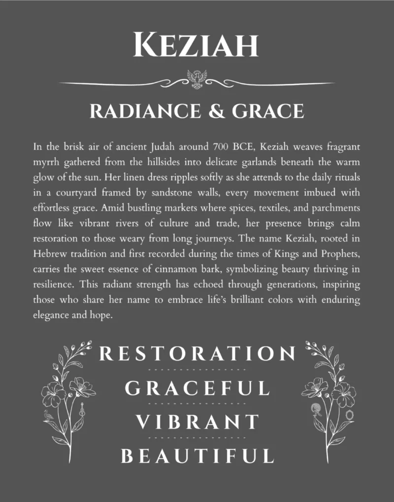 Keziah custom name art showing meaning and origin in gray