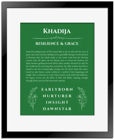 Khadija name meaning wall art by Get Your Story in dark green with black matte frame