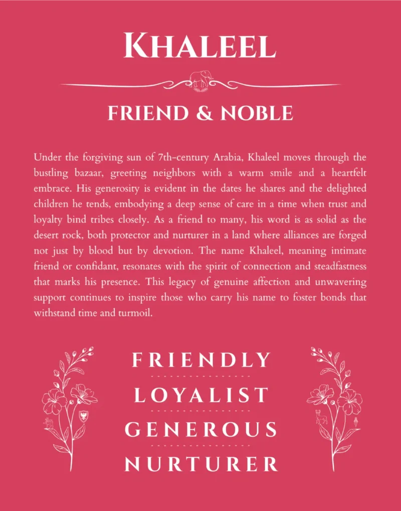 Khaleel name origin print with meaning and traits in red