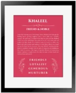 Khaleel name origin print with meaning and traits in red with black matte frame