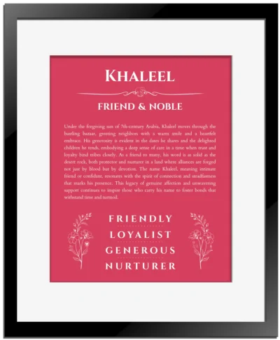 Khaleel name origin print with meaning and traits in red with black matte frame