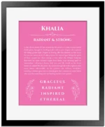 Khalia name meaning wall art by Get Your Story in pink with black matte frame
