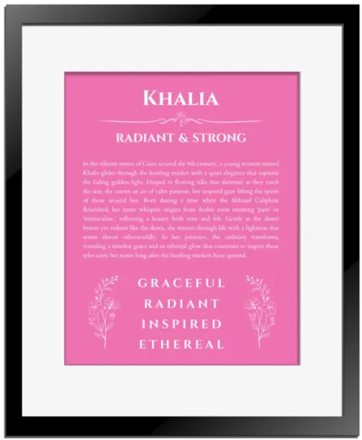 Khalia name meaning wall art by Get Your Story in pink with black matte frame