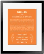 Khalid name meaning wall art by Get Your Story in orange with black matte frame