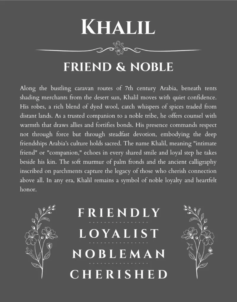 Khalil personalized name art with origin story in gray