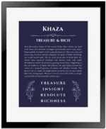 Khaza name meaning wall art by Get Your Story in navy blue with black matte frame